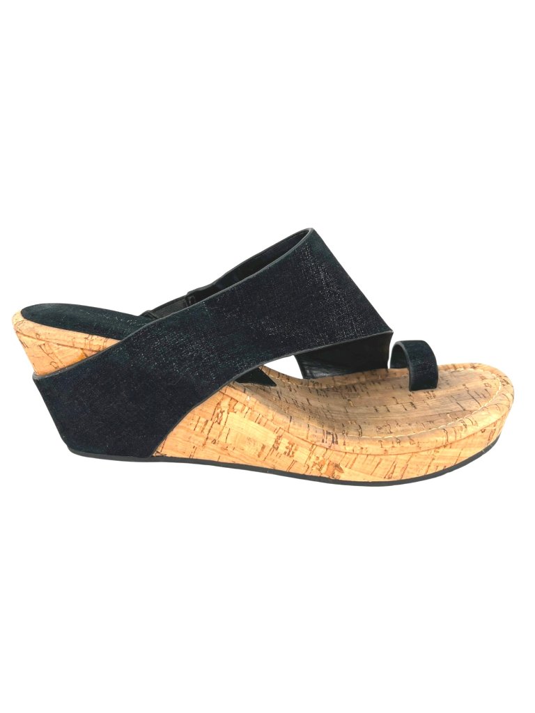 Donald Pliner Gyer Black Metallic Leather Cork Wedge Sandals Size 8.5 Resortwear